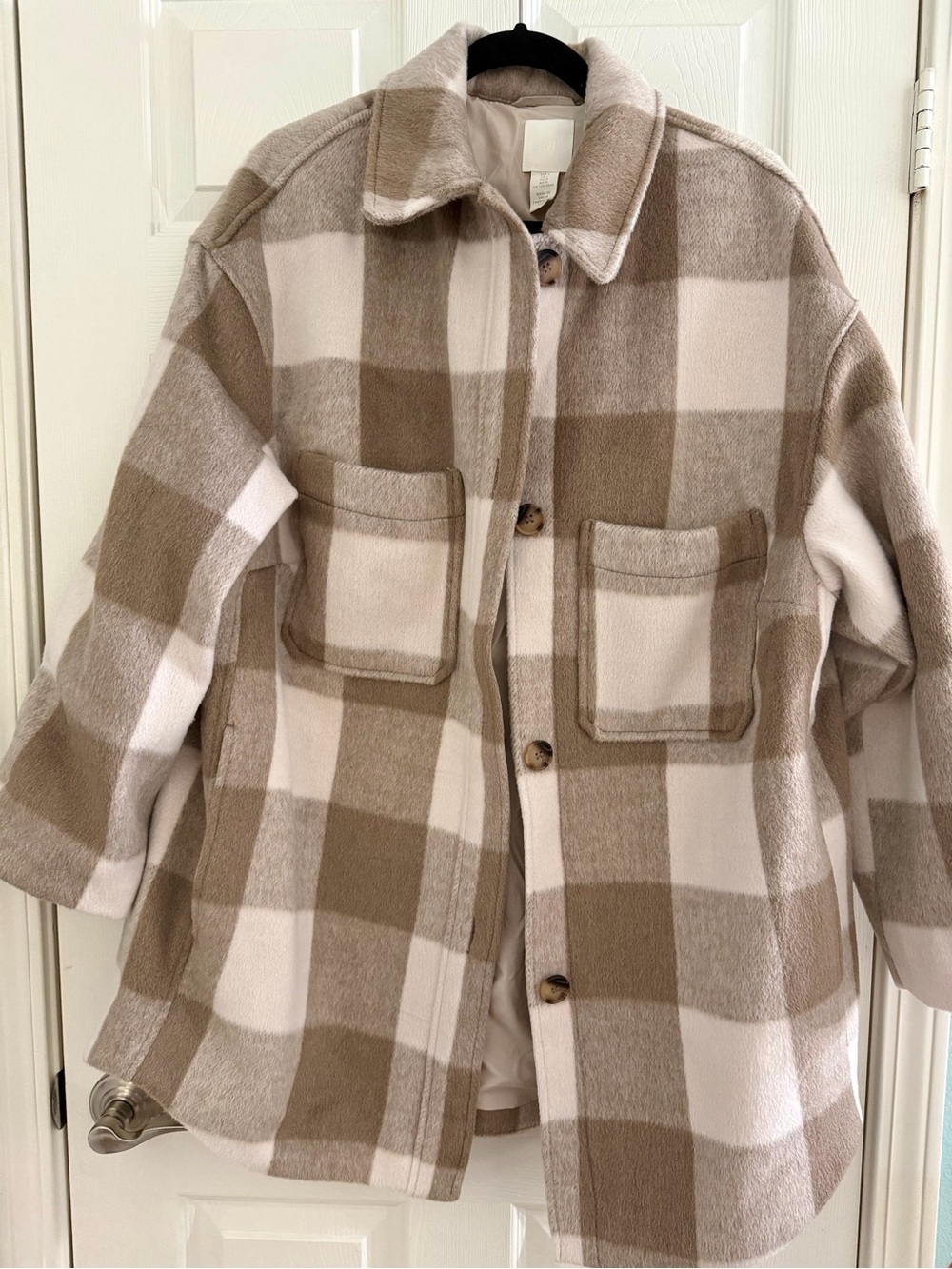 H&M Large L Brown Cream White Jacket Shacket Coat Button Down Pockets Fall Winte